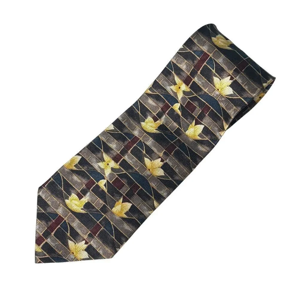 Consenso Uomo Hand Sewn Silk Tie Gray Maroon Stripe Yellow Flowers